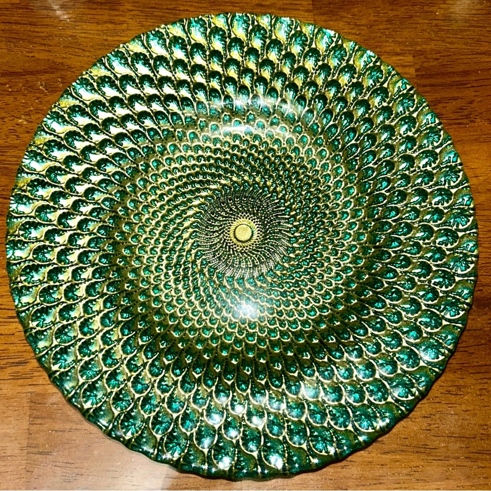 Peacock Feathers Glass Gold & Teal silver back Plate 8-3/4"